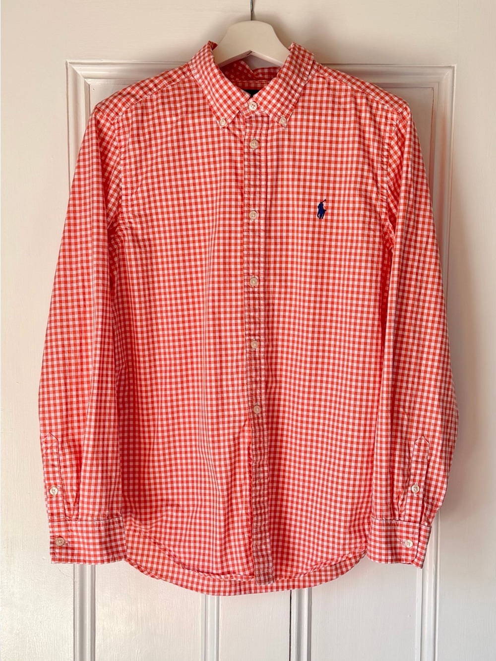 Ralph Lauren Boys Button Down Shirt Orange Gingham Check Sz XL 18-20 Pony Logo